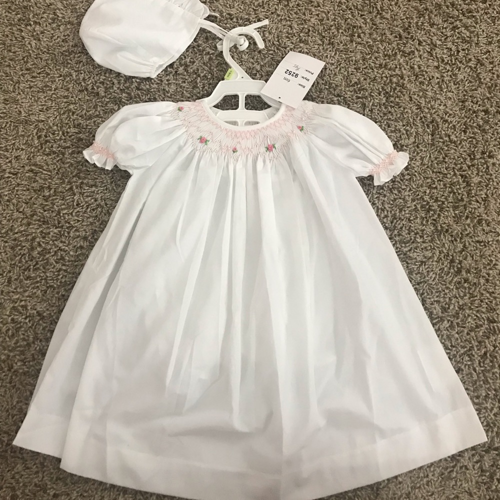 Smock dress with bloomers and hat.
